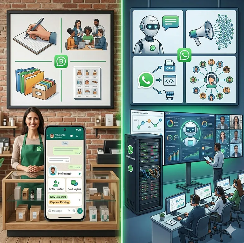 Business messaging dashboard comparing WhatsApp API automation and customer engagement workflows